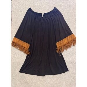 2B Together Black Off Shoulder Fringe Bell Sleeve Tunic Mini Dress Womens Medium